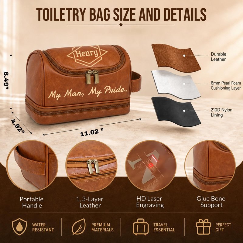 Personalized Toiletry Bag for Men, Custom Toiletry Bag Engraved with Name Text, Mens Leather Travel Shaving Dopp Kit, Personalized Fathers Day Birthday Gifts for Men Dad Husband Grandpa (Style 2)