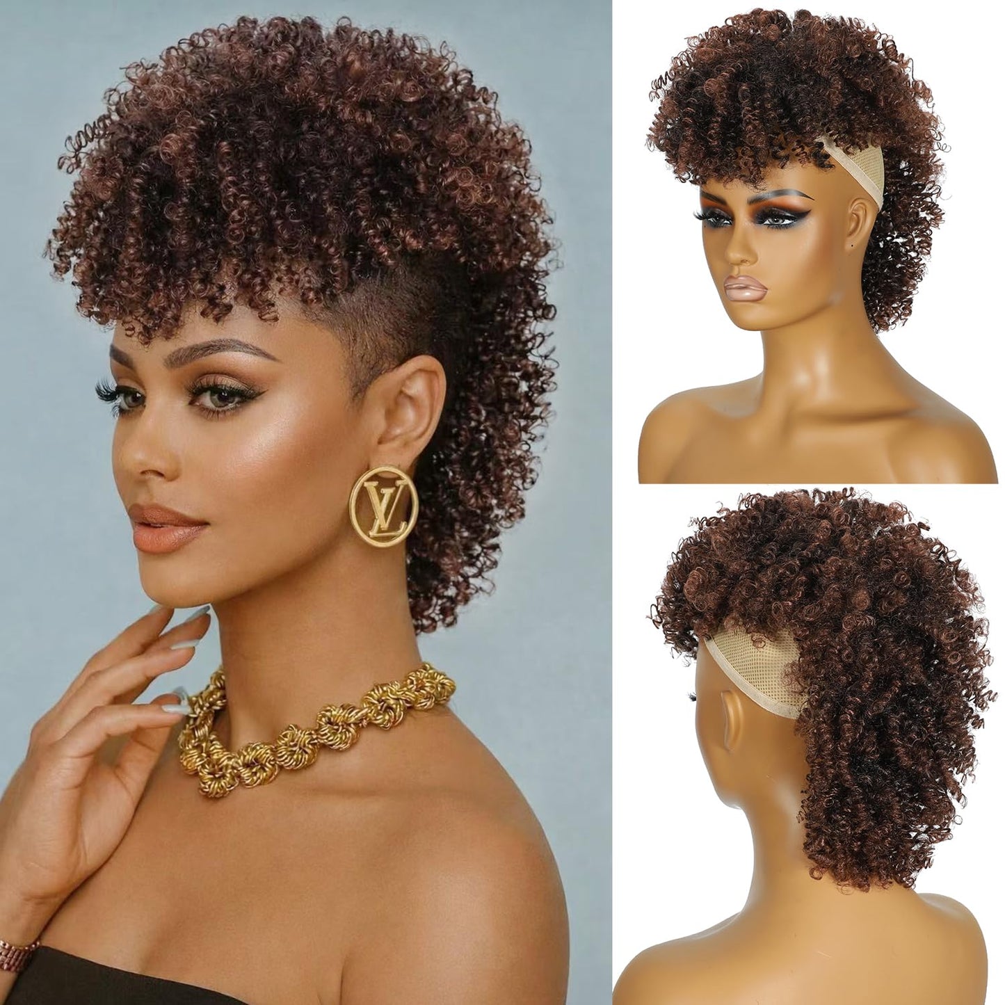Kinky Curly Dark Brown Mohawk Wig - Short Synthetic Clip-On Ponytail with Bangs | Fluffy Hair Extension for Daily & Party Use