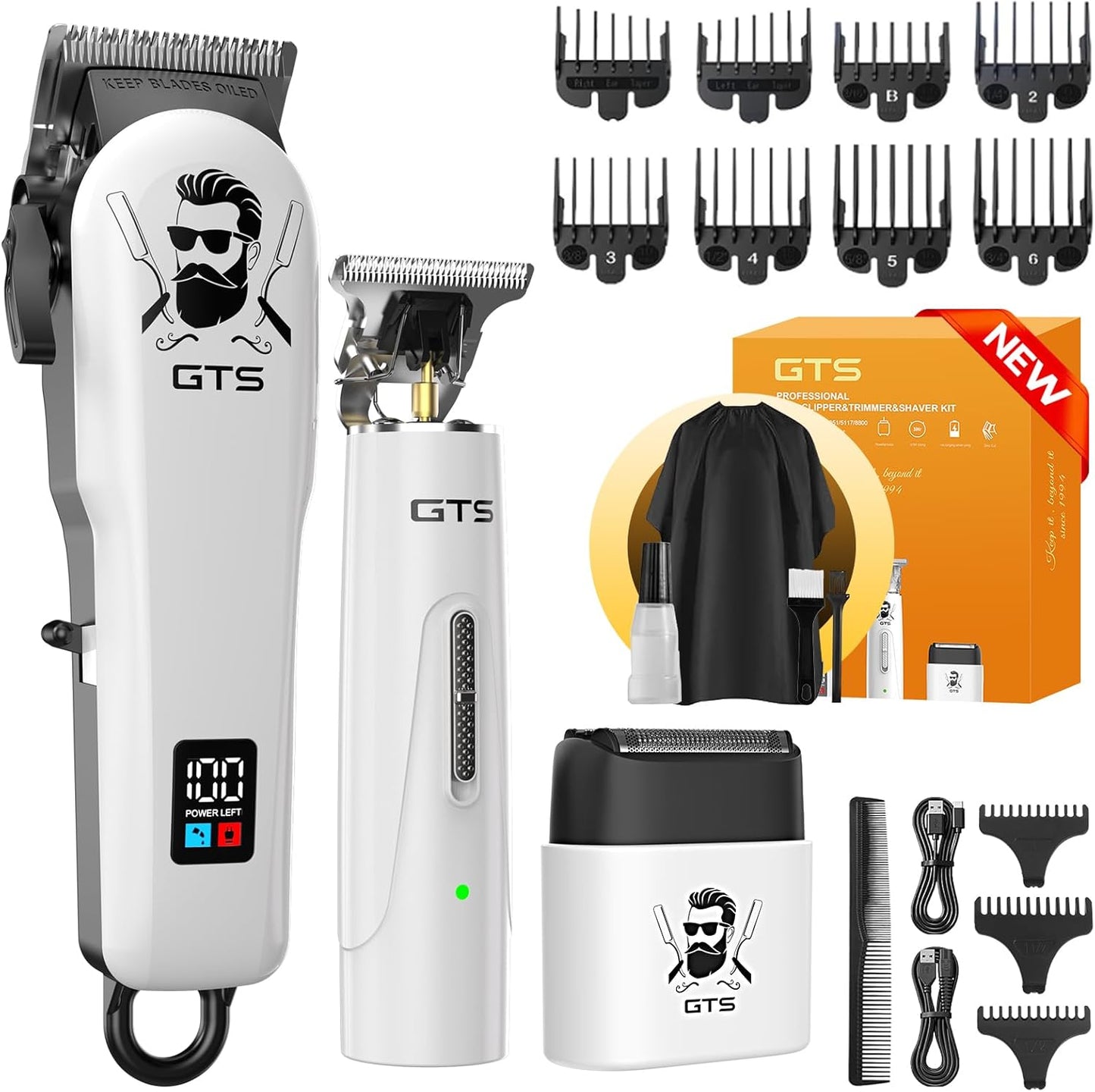 Professional Hair Clippers for Men - Cordless Haircut Kit with Beard Trimmer & IPX7 Shaver | Rechargeable, LED Display, Home Use, White