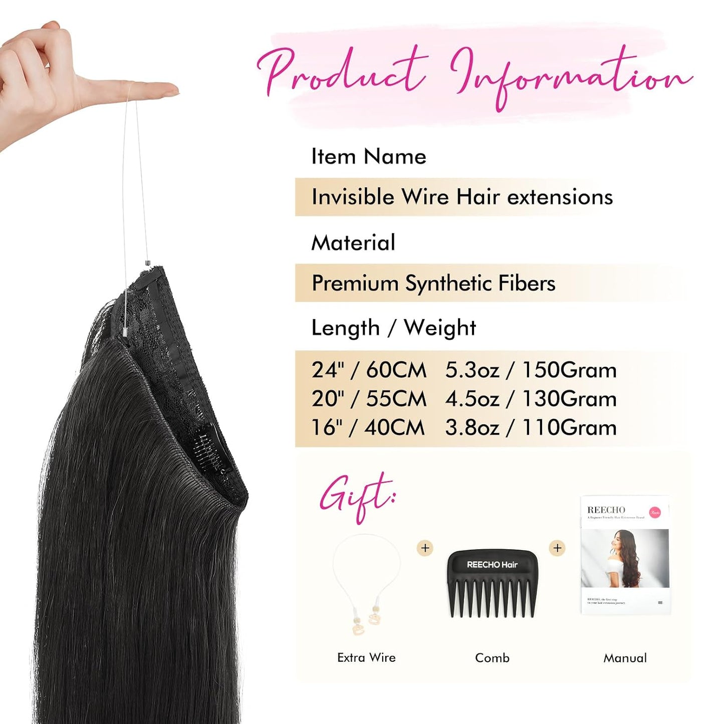 Invisible Wire Hair Extensions - Adjustable Transparent Headband with Secure Clips | Natural Black Hairpiece for Women