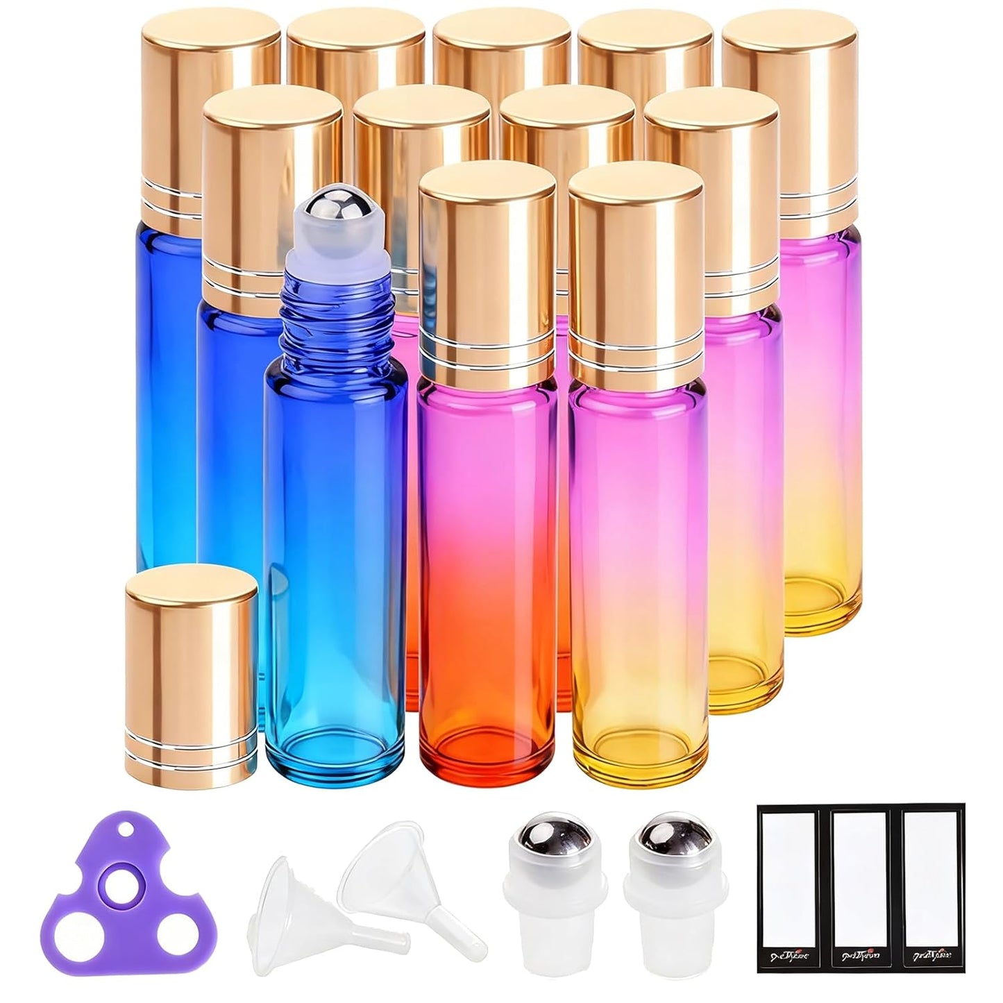 Essential Oil Roller Bottles - 12 Pack 10ml Refillable Thick Rainbow Glass | Leak-Proof, Stainless Steel Ball