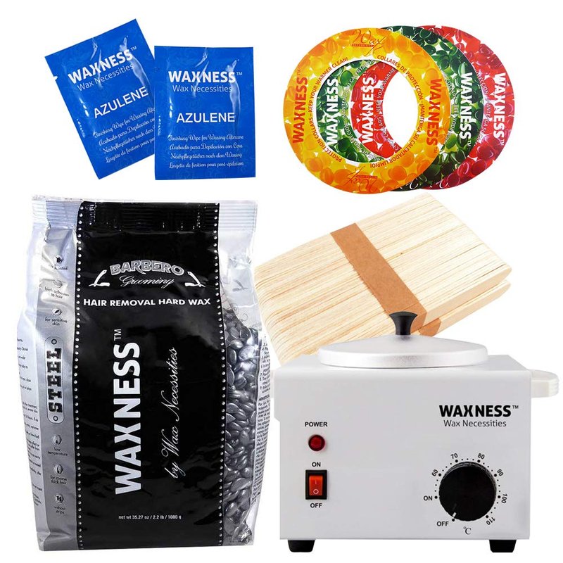 Barbero Stripless All-in-One Hard Wax Kit with Metallic Heater, 2 lb (900 g) Hard Wax Beads, 100 Applicators & Collars – Professional Wax Removal – Made in Italy