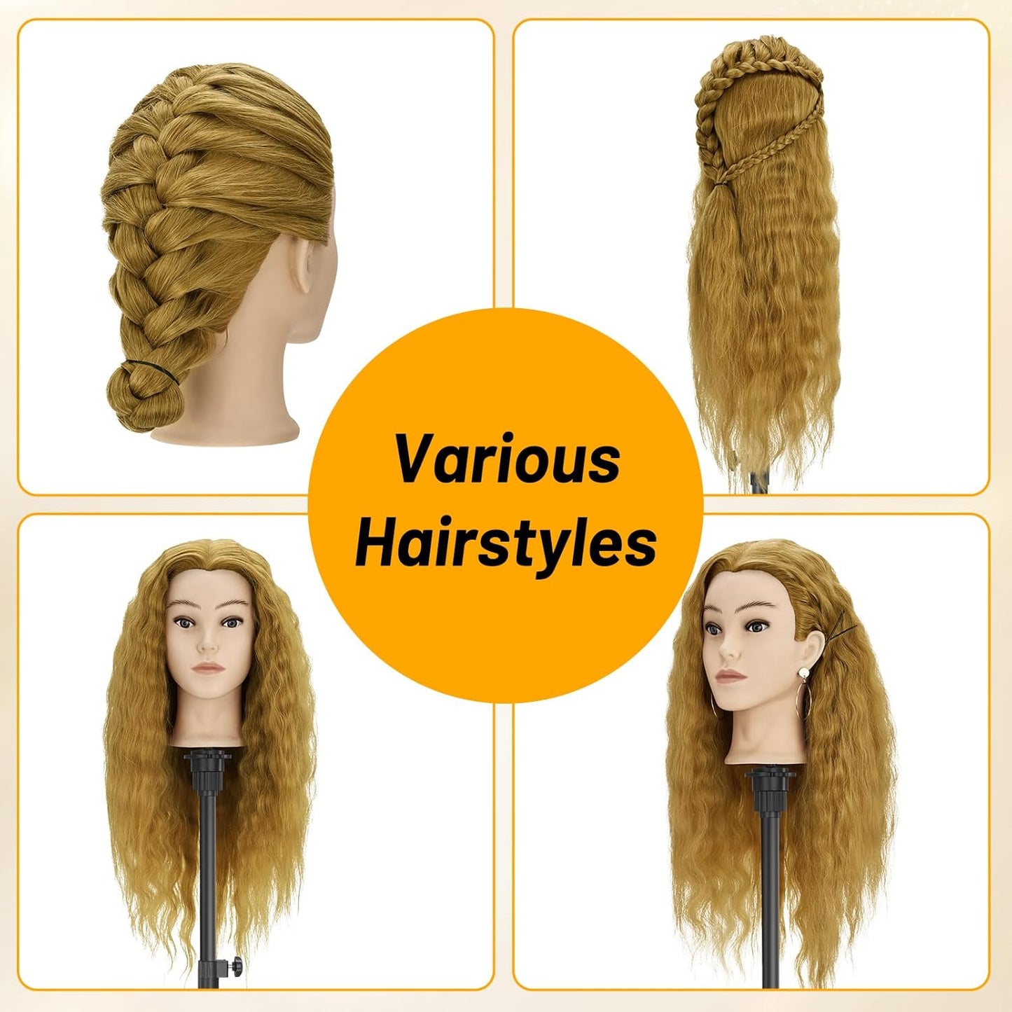 Realistic 24-Inch Female Mannequin Head - 90% Human Hair for Hairdresser Training | Includes Clamp Holder & Tools
