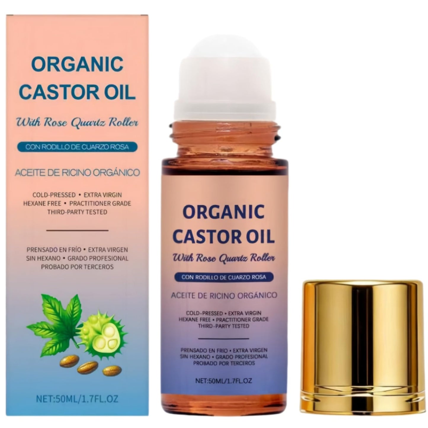 BXHSYD Organic Castor Oil Rose Quartz Roller Ball, 100% Pure Cold-Pressed, Hexane-Free, Organic Castor Oil Rose Quartz Roller Ball, Thicker Lashes, Brows & Skin, 1.7oz