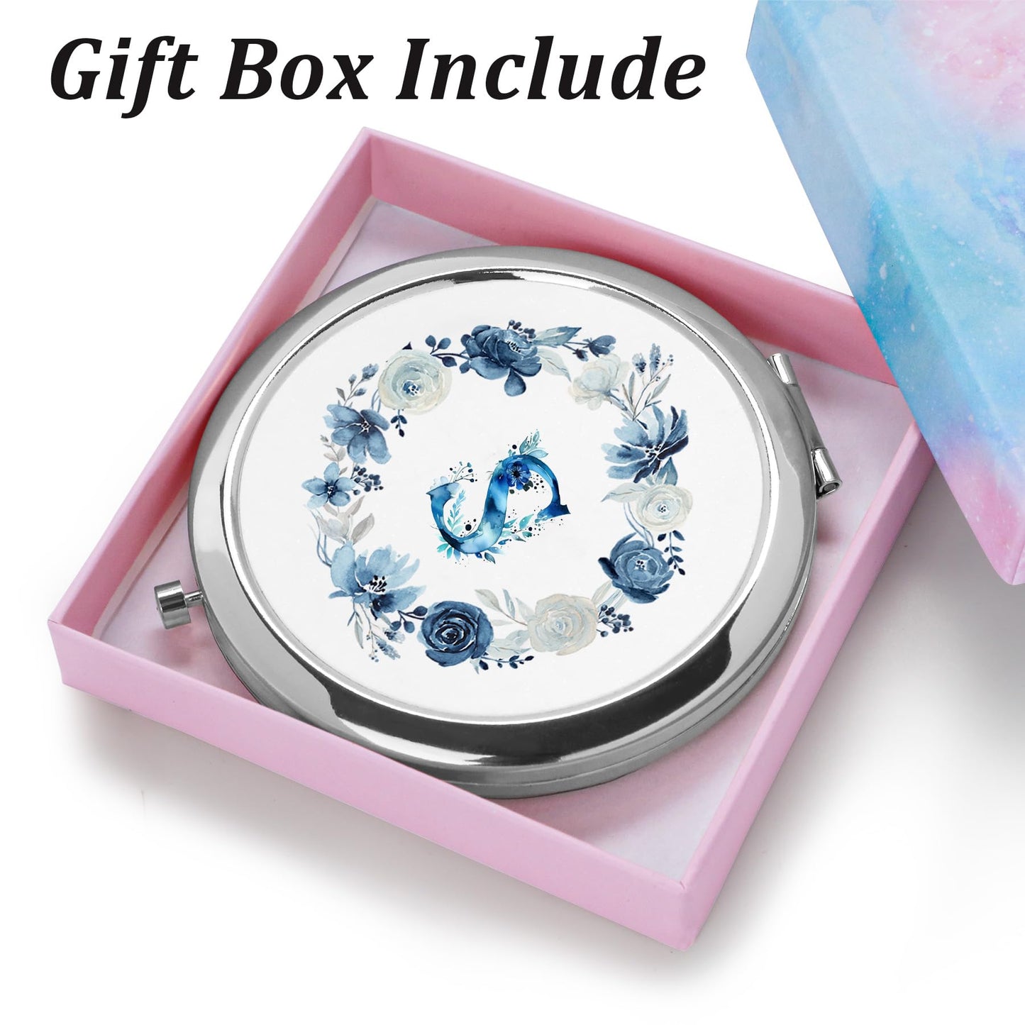 QUSTGO Personalized Gift for Women Girls Her, Custom Gifts for Adult Teen, Floral Monogram Alphabet Initial Compact Mirror for Birthday, Graduation, Mothers Day, Basket Stuffers