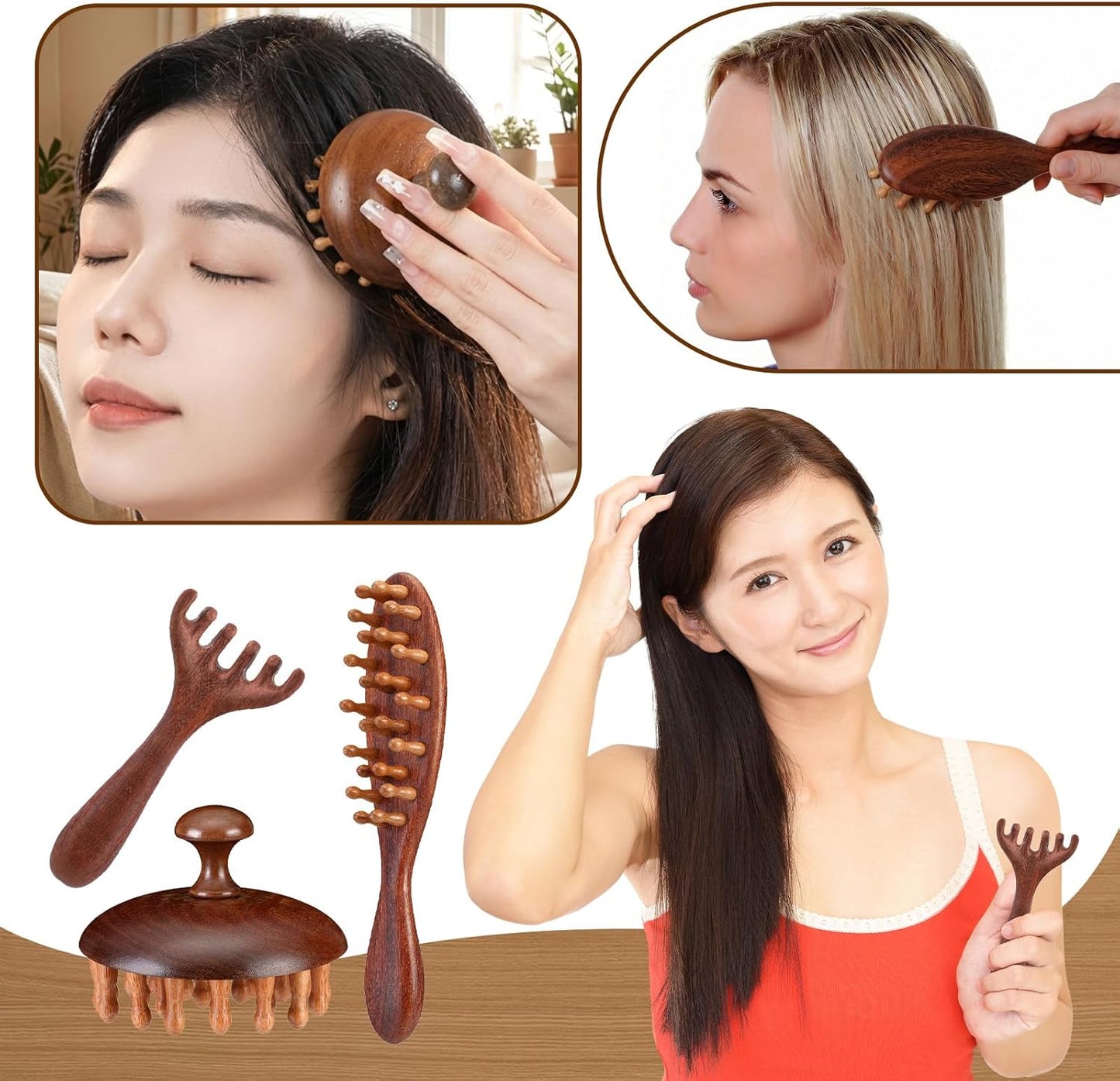 Natural Wooden Scalp Massager Comb Set - 6 Pcs with Flocked Storage Bag | Stress Relief & Hair Growth Tool