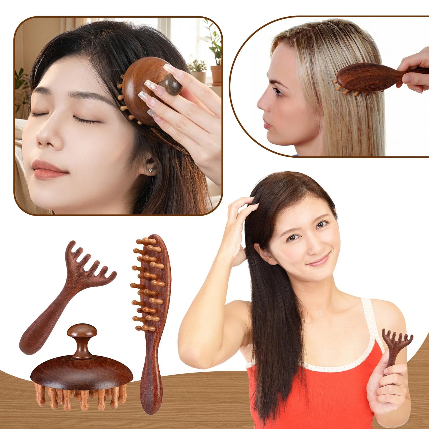 Yiyiring 6 Pcs Natural Wooden Scalp Massager Comb Tool Set with Flocked Storage Bag Scalp Massage Tool for Stress Relief, Gua Sha & Therapy for Women Men Hair Growth Body Therapy