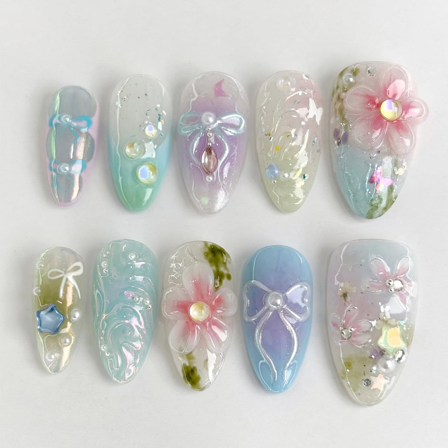 Summer Beach Press-On Nails Set - 24Pcs Medium Almond Floral Design with 3D Starfish & Seashell | Full Cover Ocean Manicure for Women