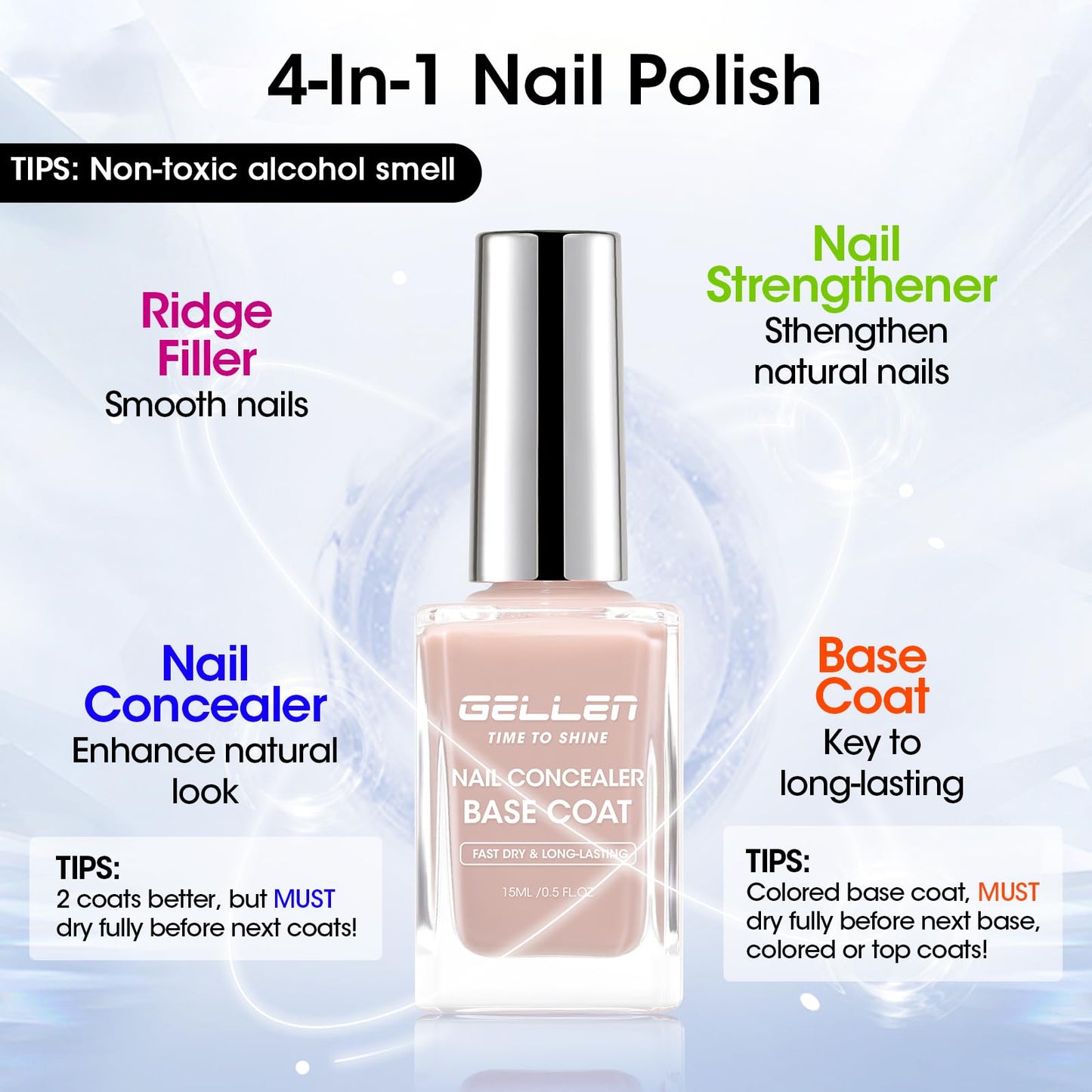 GELLEN 4-In-1 Illuminating Nail Concealer Base Coat Nail Polish, No HEMA