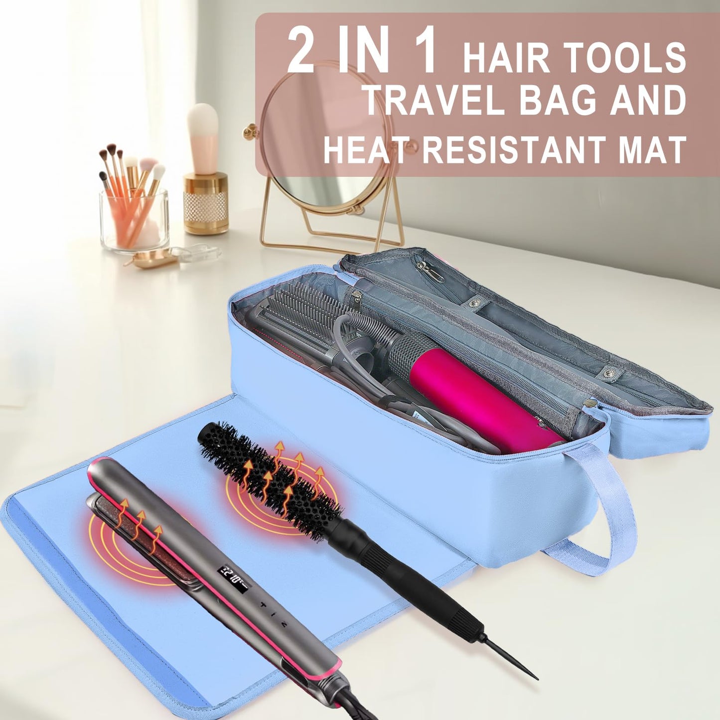 FAMOPLAY Hair Tools Travel Bag with Heat Resistant Mat Hair Styling Accessories Storage Case for Hair Dryer Flat Iron Straightener Curling Iron Haircare Accessories Travel Essentials for Women