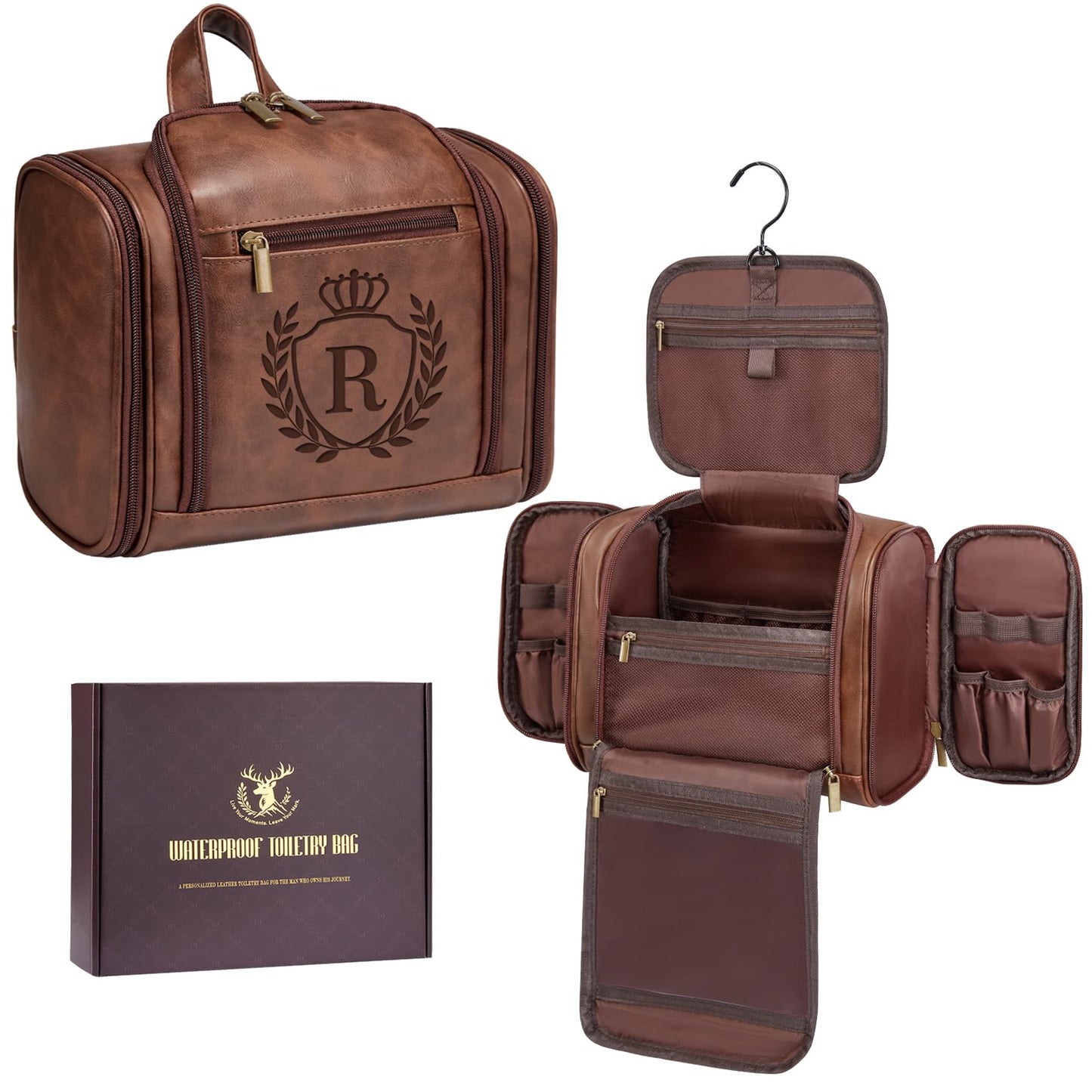 Aganmi Personalized Graduation Gifts for Men Large Leather Travel Toiletries Bag Hanging Shaving Dopp Kit, Birthday Gifts for Uncle Brother Best Friend Male Son Adult Cognac Letter R