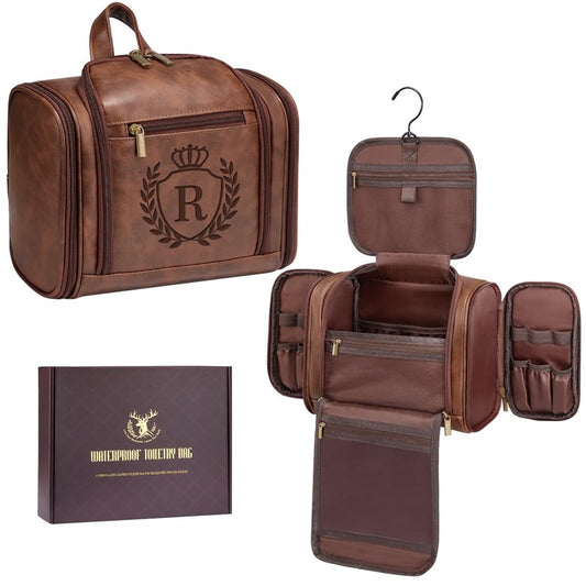 Aganmi Personalized Graduation Gifts for Men Large Leather Travel Toiletries Bag Hanging Shaving Dopp Kit, Birthday Gifts for Uncle Brother Best Friend Male Son Adult Cognac Letter R