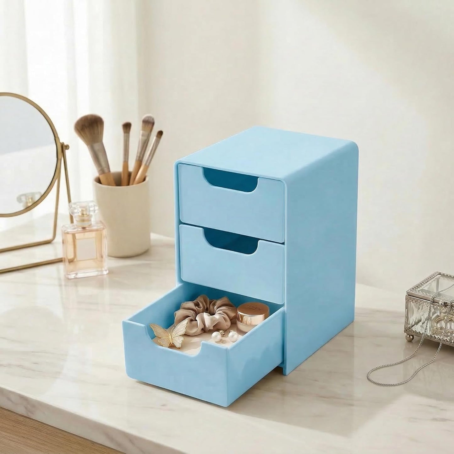 Mini Blue Plastic 3-Drawer Organizer - Hair Accessories & Makeup Storage | Compact Desktop Box for Girls