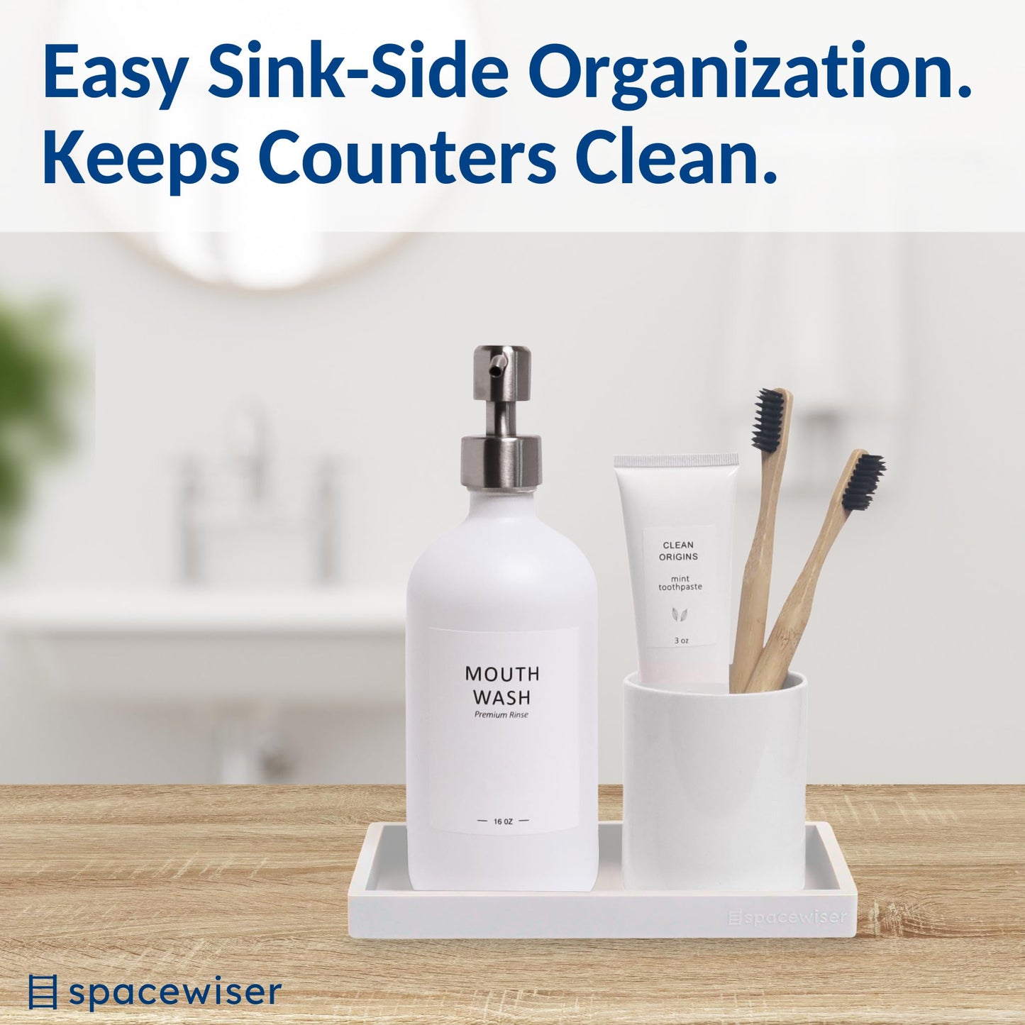 Spacewiser Countertop and Vanity Tray - Small 7.7” Silicone Tray for Soap Dispenser, Bathroom Trays, Dish Soap Trays for Kitchen Counter, Sink Caddy Sinks Organizer, Soaps Dish & Sponge Holder, White
