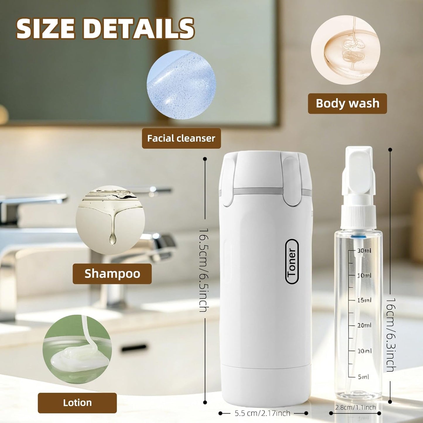 Travel Dispenser Bottle Set - 4 Pack 30ML Leak-Proof Toiletry Containers | White