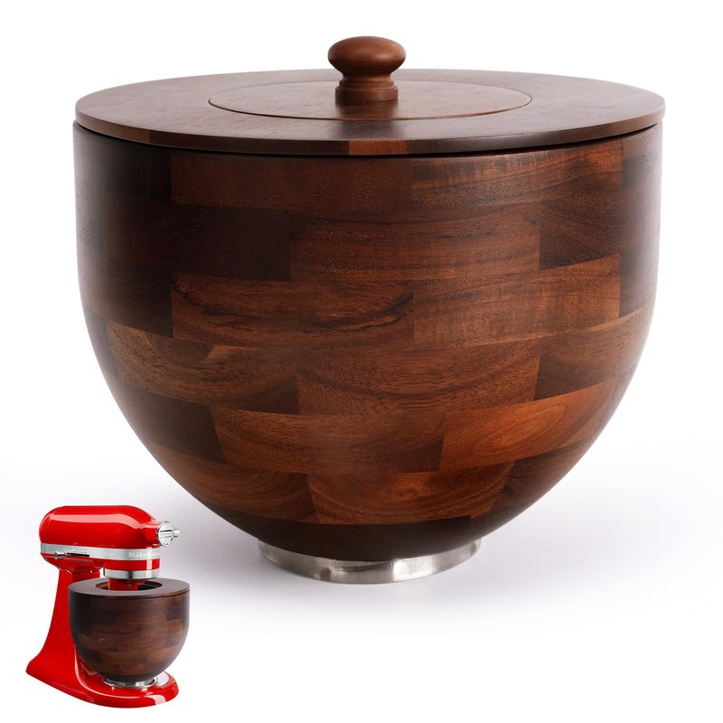 UTJZIB Wood Mixing Bowl Compatible with 4.5-5 Qt Tilt-Head Stand Mixers with Lid Cover - Natural True Acacia Wooden Bowls, 5 Quart Kitchen Aid Bowls for Mixer with Stainless Steel Locking Base.