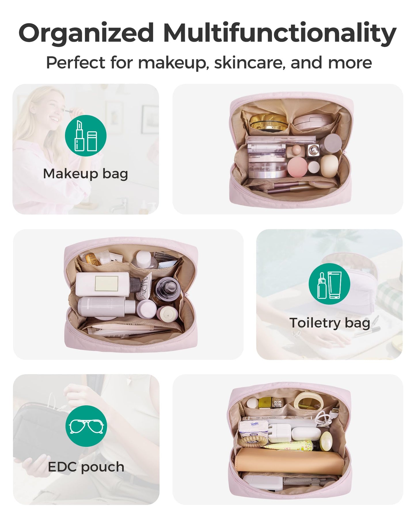 BAGSMART Puffy Makeup Bag, Wide Opening Cosmetic Organizer, Soft Water-Resistant Travel Toiletry Pouch for Women for Purse, Compact & Spacious