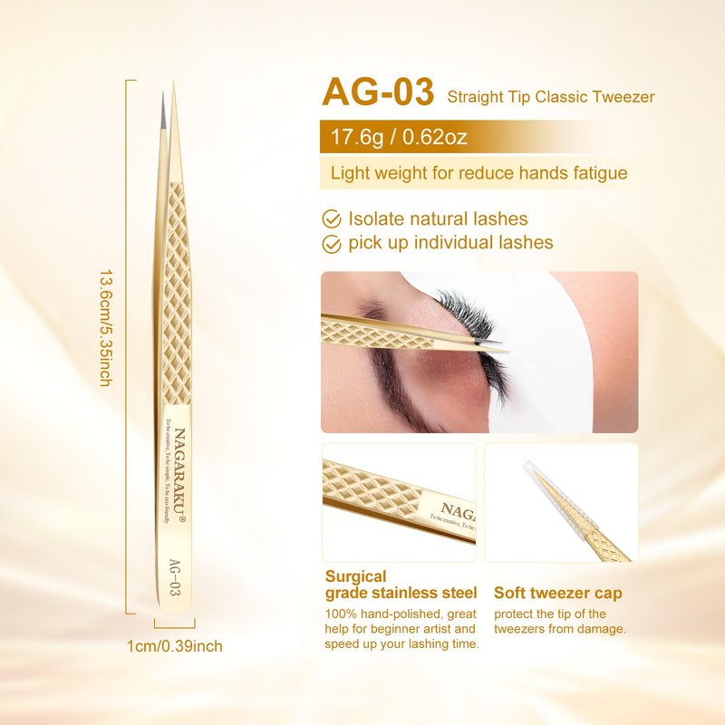 NAGARAKU Precision Fiber Tip Tweezer for Eyelash Extensions Diamond Grip Anti-Static Anti-Slip Premium Gold Stainless Steel Pointed Eyelashes Tweezers with Box(Straight Tip Classic Tweezer AG-03)