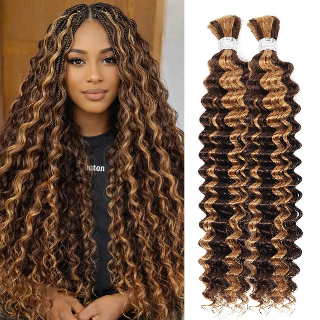 Boho Hair for Braiding, Ombre Curly Virgin Human Braiding Hair for Women, 12A Knotless Deep Wave Bulk Bohemian Styles, 100g 14 Inch 2 Bundles/Pack Highlight P4/27
