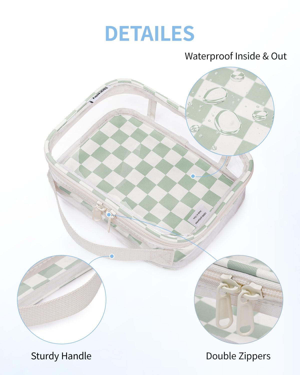 Narwey TSA Approved Toiletry Bag Carry on Clear Toiletry Bag Makeup Bag, Airport Airline Quart Size Travel Bags, Waterproof Portable Compact Cosmetic Make up Organizer Bag (Mint Green Checkerboard)