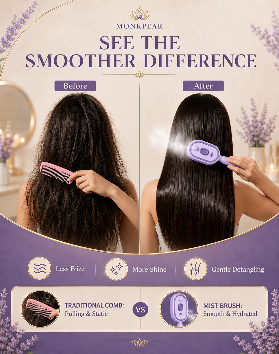 Electric Spray Air Cushion Massage Comb, Self-Cleaning Anti-Tangle Hair Brush, Anti-Static Volumizing Mist Brush, Rechargeable Scalp Comb for Frizz Control, Smooth Shine & Daily Care (Purple)