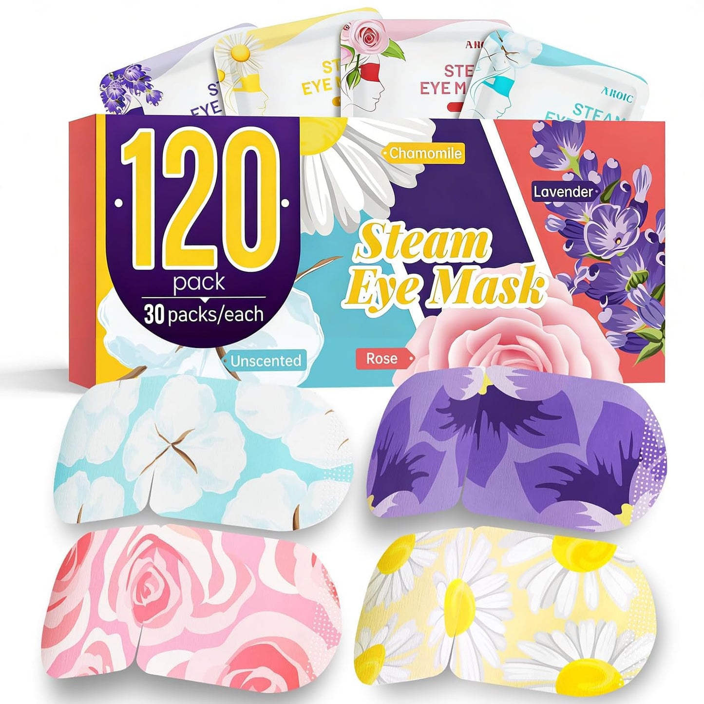 Heated Sleep Eye Masks - 120 Pack Disposable Steam Eye Masks for Relaxation | Lavender, Chamomile, Rose