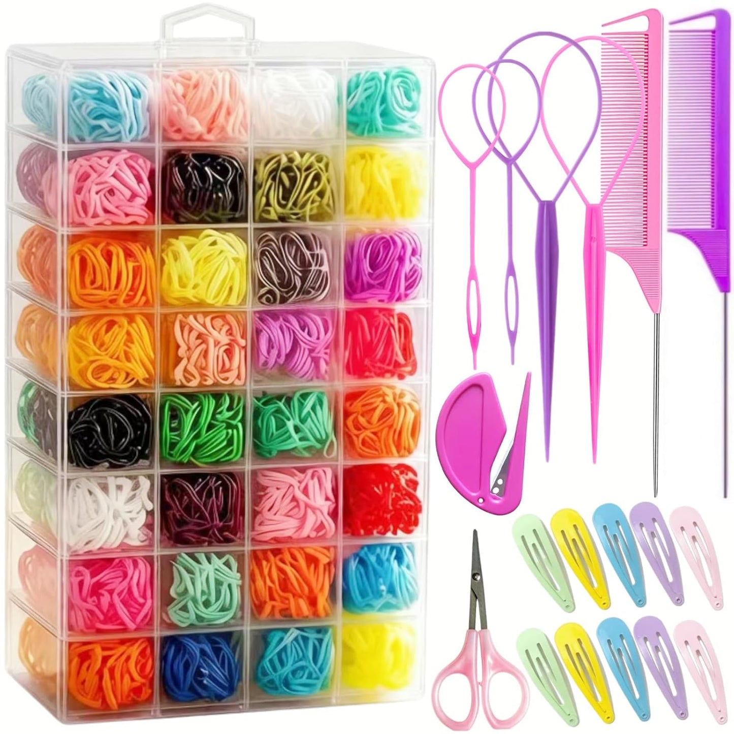 Small Hair Rubber Bands - 2000 Pcs in 32 Colors with 18 Styling Tools | Mini Elastic Hair Ties for Kids & Toddlers