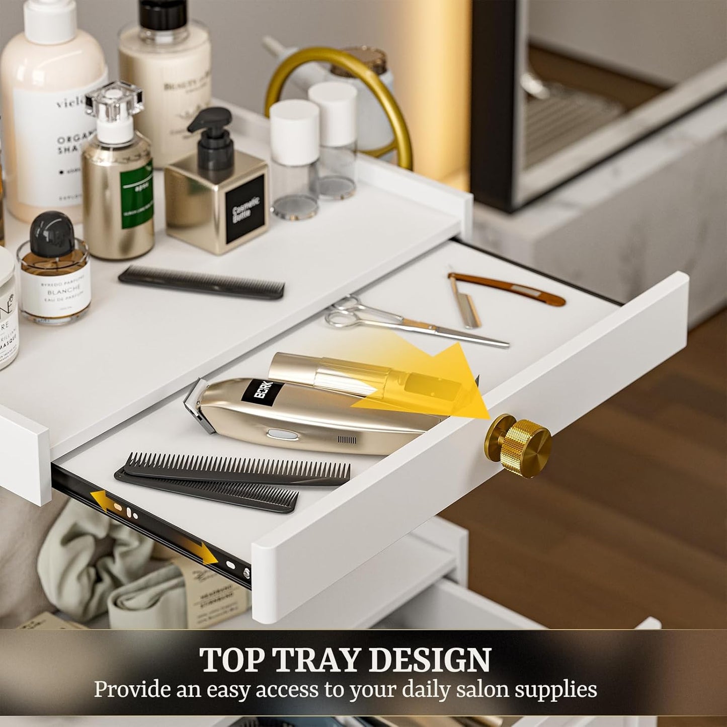 Salon Rolling Cart - Mobile Utility Cart with 3 Shelves & Hair Dryer Holder | White Spa Esthetician Cart