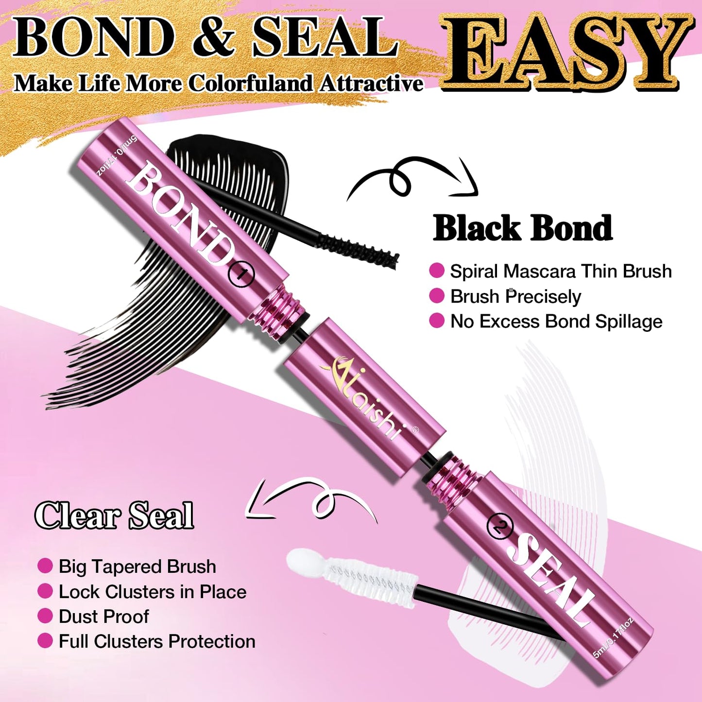 AILAISHI Lash Clusters Glue, Eyelash Bond and Seal, Long-Lasting 150H Waterproof, Non-Irritating Lash Extension Glue for DIY Individual Lashes at Home (Black-5ml+5ml)