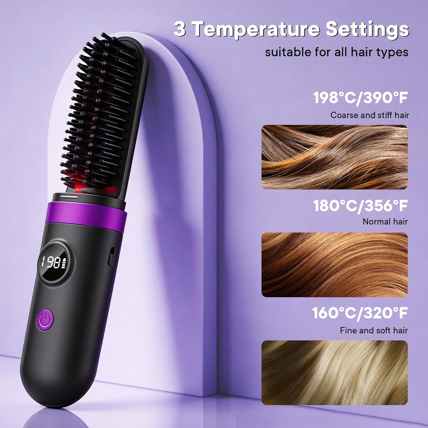 Go Brush Pro Cordless Hair Straightener Brush - Portable Ionic Hot Comb with Infrared Light | 3 Temperature Settings for Travel Use