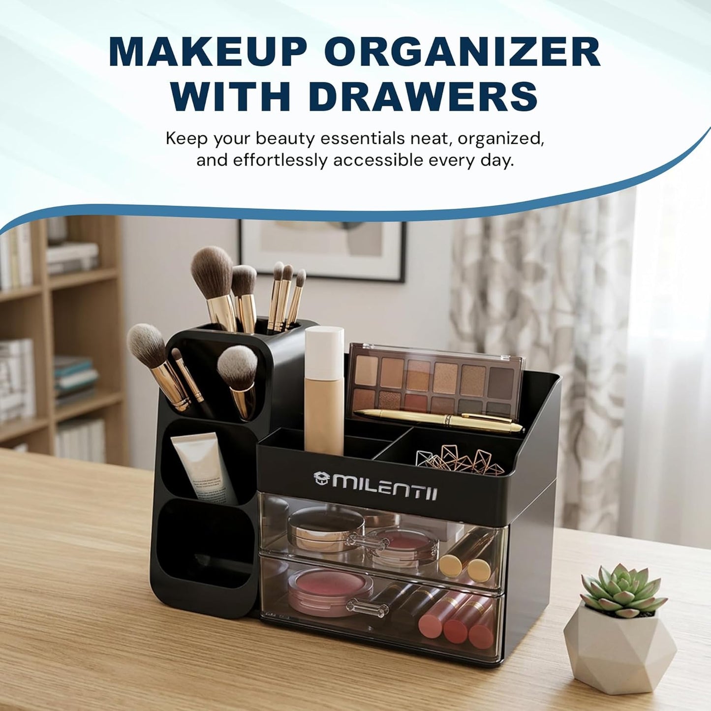 Makeup Organizer - Large Capacity Cosmetic & Skincare Storage Box | Black ABS Plastic Vanity Organizer for Bathroom & Bedroom