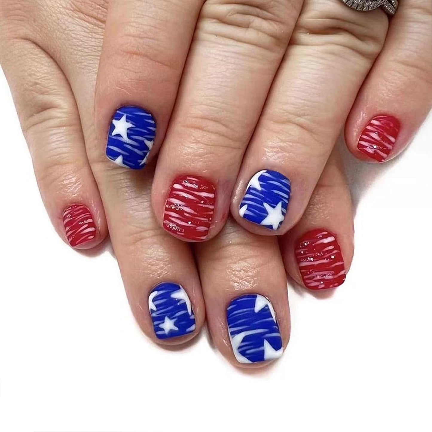 Press On Nails - Medium Square American Flag Glitter Design | 24Pcs Red, Blue & Gold 4th of July Fake Nails