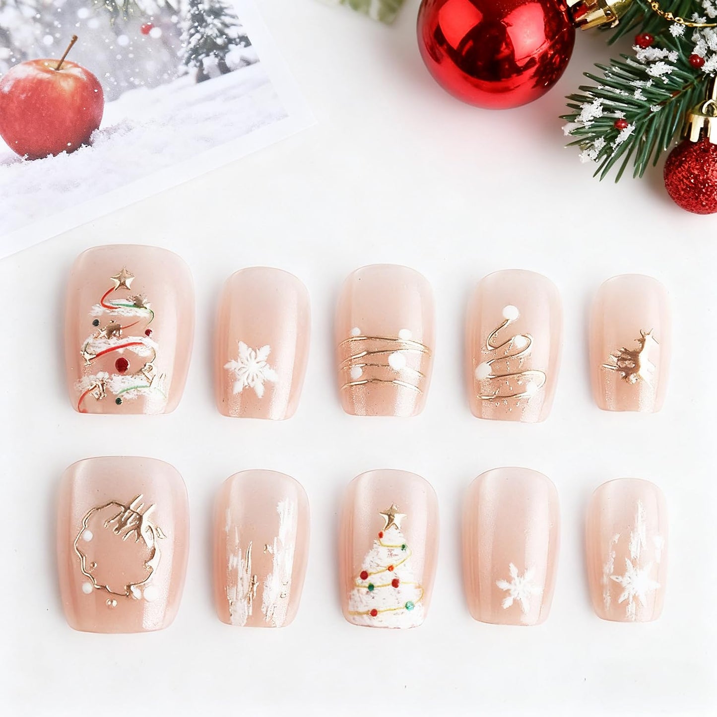 Christmas Press-On Nails - 24Pcs Medium Almond Acrylic with 3D Gold Snowflake & Floral Designs | Winter Red Full Cover