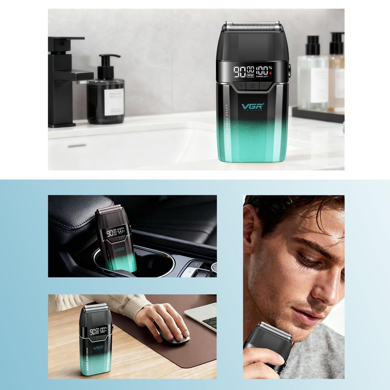 VGR 308 Electric Shavers for Men, Professional Double Foil Shaver 9000RPM Cordless Head Shaver with Titanium Foils, LED Display, USB Rechargeable Men's Electric Razor for Face & Beard, Green