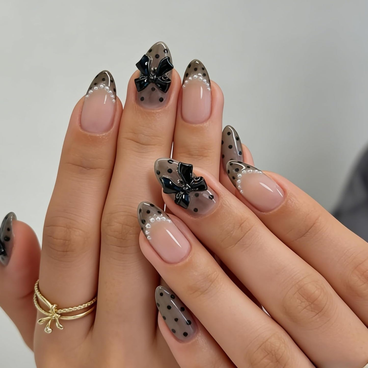 Black Polka Dot Press-On Nails - Medium Almond Shape with Bow Charms | Reusable Acrylic Full Cover Design