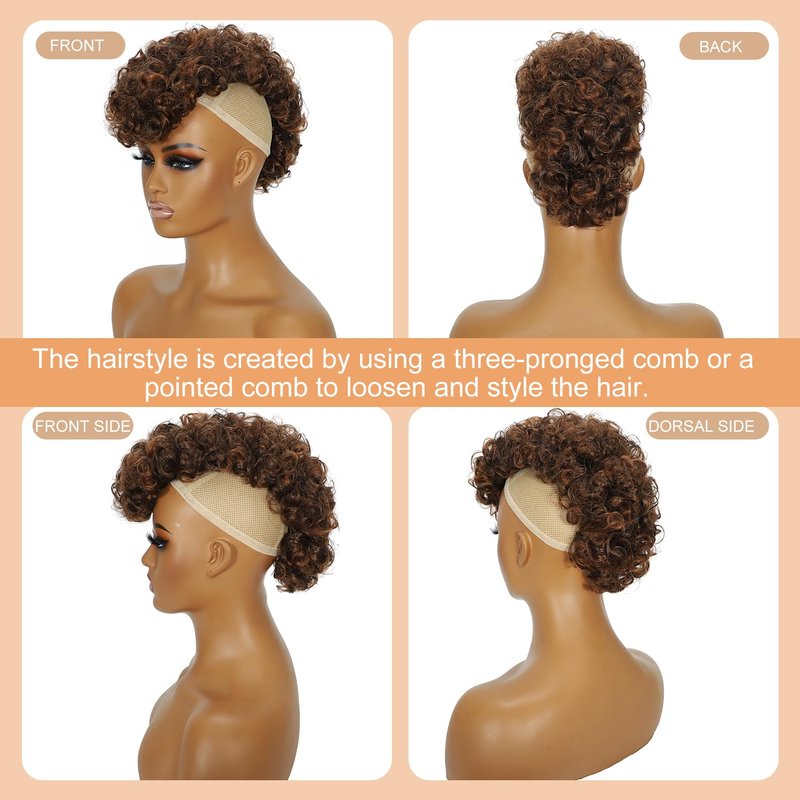 Curly Mohawk Wig Ponytail Extension - Short Brown & Black Kinky Synthetic Hair | 1B/30 with Clips & Combs