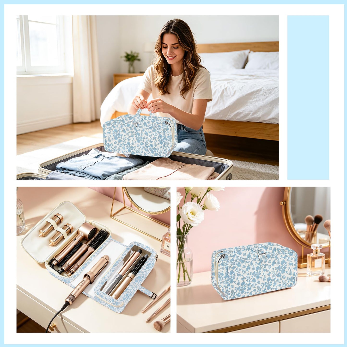 Hair Tools Travel Bag with Heat Resistant Mat Compatible with Shark Flexstyle, Cute Cotton Quilted Floral Hair Tools Travel Bag for Straightener, Curling Iron and Hair Dryer, Portable Organizer (Blue)