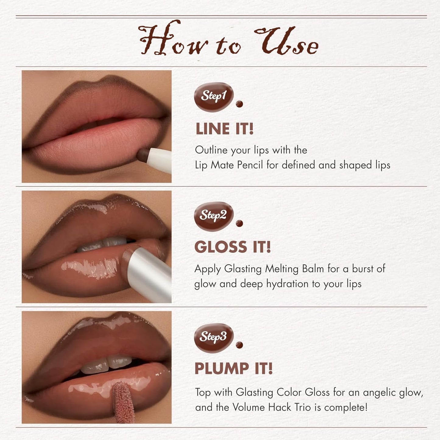 Domality 3PCS Lip Combo Set, Brown Matte Lip Liner, Plumping Tinted Lipgloss, Nourishing Lipstick Balm, Natural Glossy Finish, Lip Contour Makeup Kit for Women