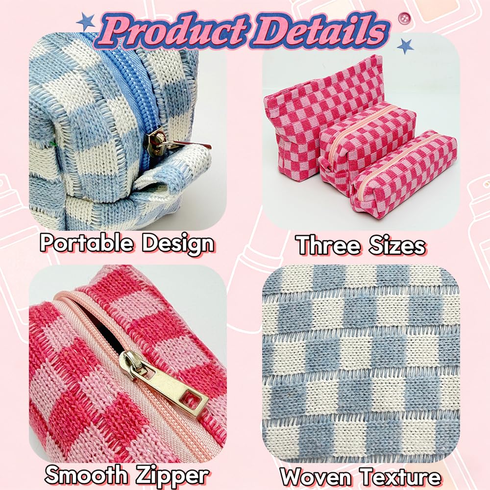 Stidgbo 3 Pieces Checkered Makeup Bag Set, Pink Cosmetic Bags for Women, Large Medium Small Portable Travel Toiletry Bag, Cute Zipper Pouch Organizer for Purse, Skincare, Cosmetics, Stationery