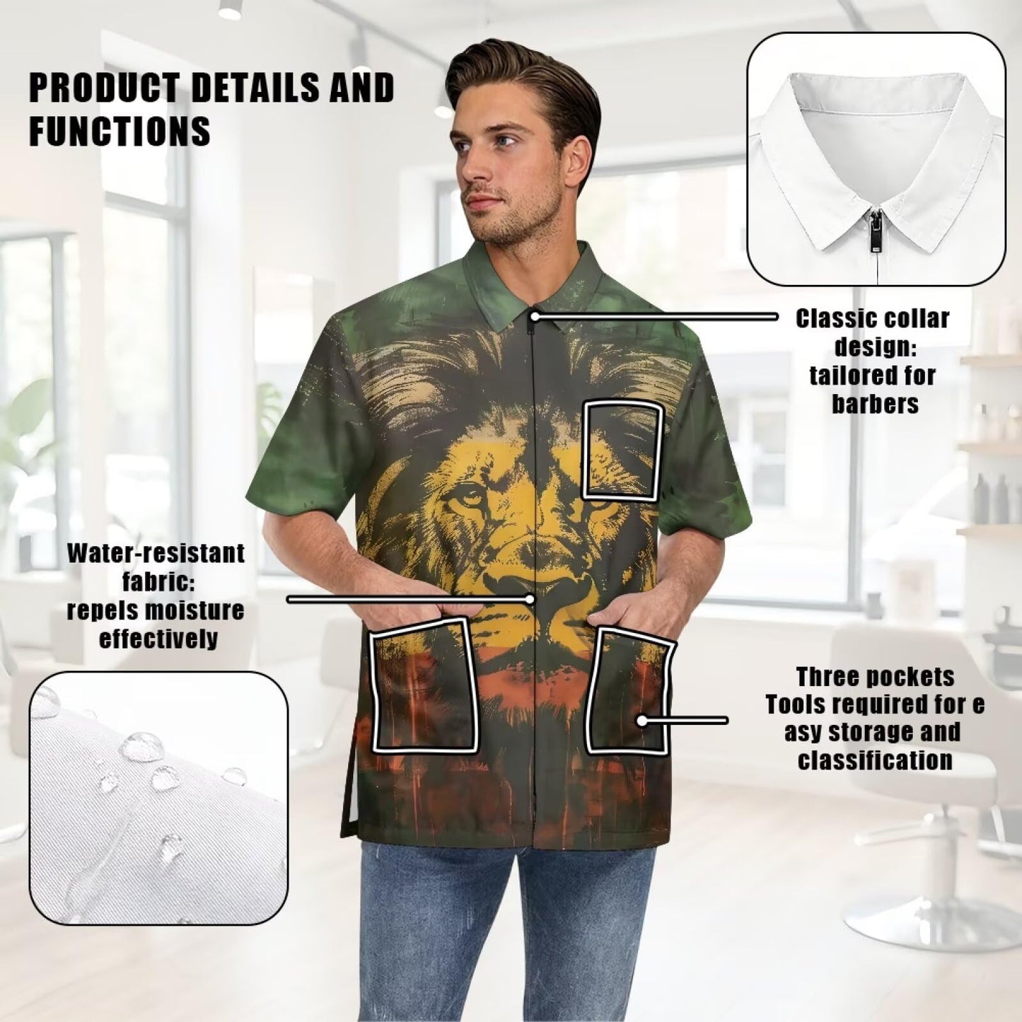 Srengjodk Rasta Lion Print Jacket For Barber Waterproof Hairdresser Smock, Green Anti-Static Grooming Smocks With 3 Pockets For Women Men Hair Stylist Work Vest Apron L L