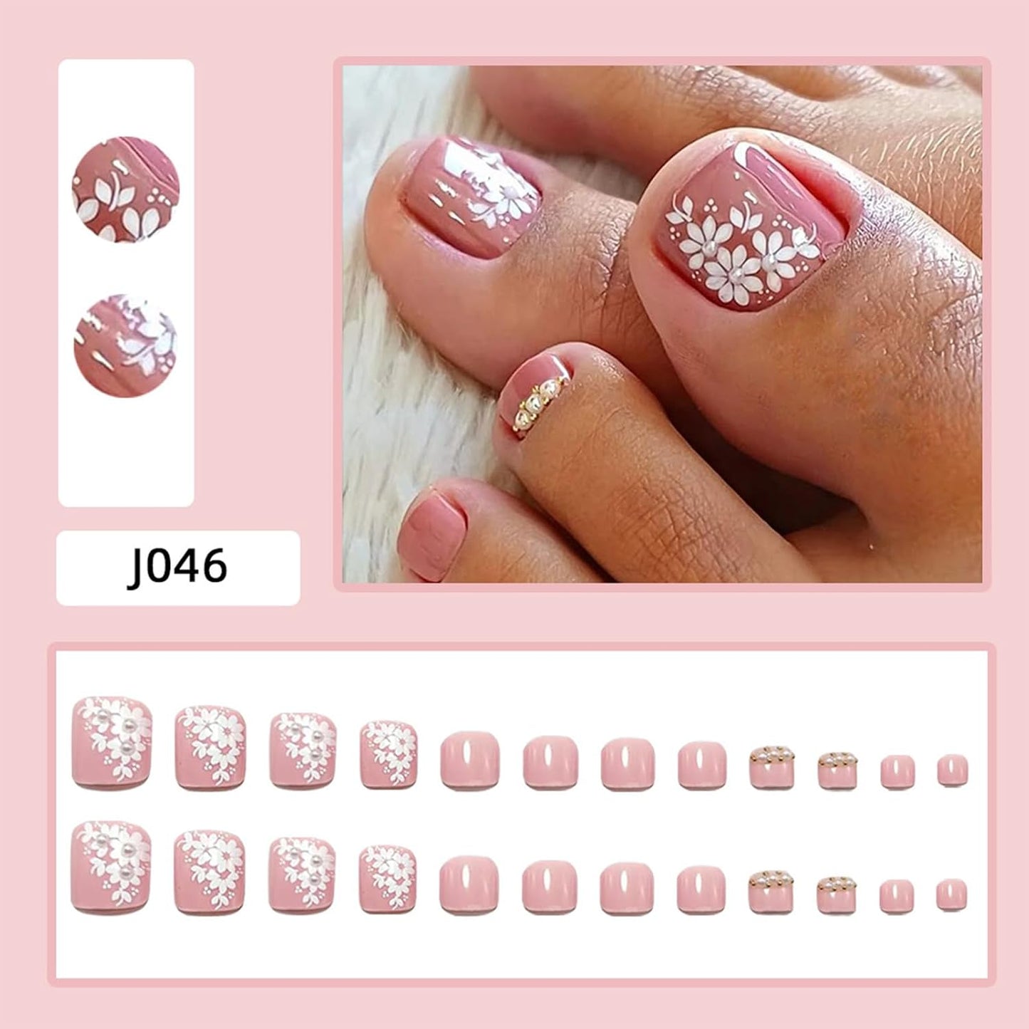 Floral Press-On Toenails - Short Square Acrylic Toe Nail Tips with 3D Flower Designs | 24 Pcs Glossy Pink Reusable