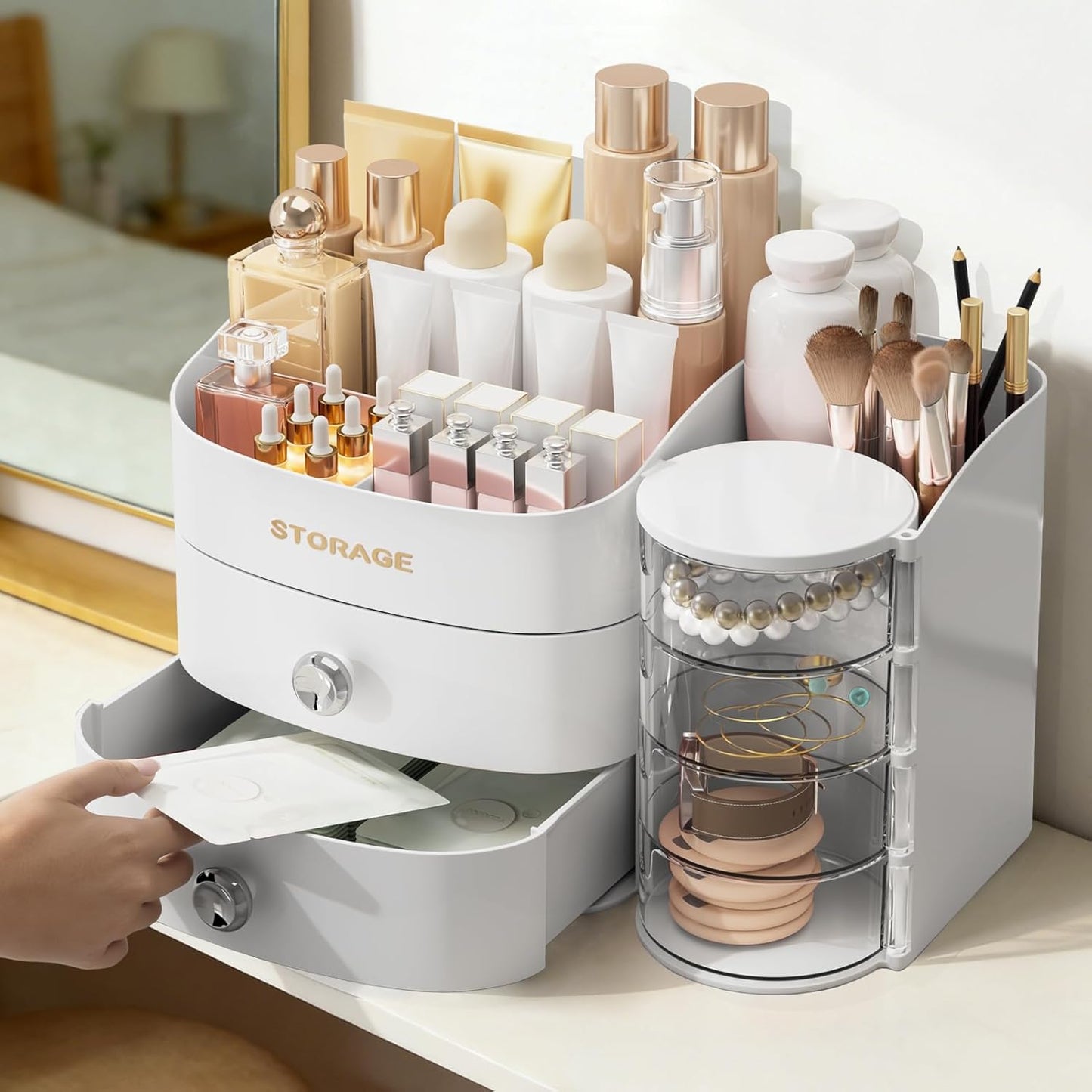 Makeup Organizer for Vanity - Skincare & Cosmetic Storage with Drawers | Brush Holder, Lipstick, Jewelry - White