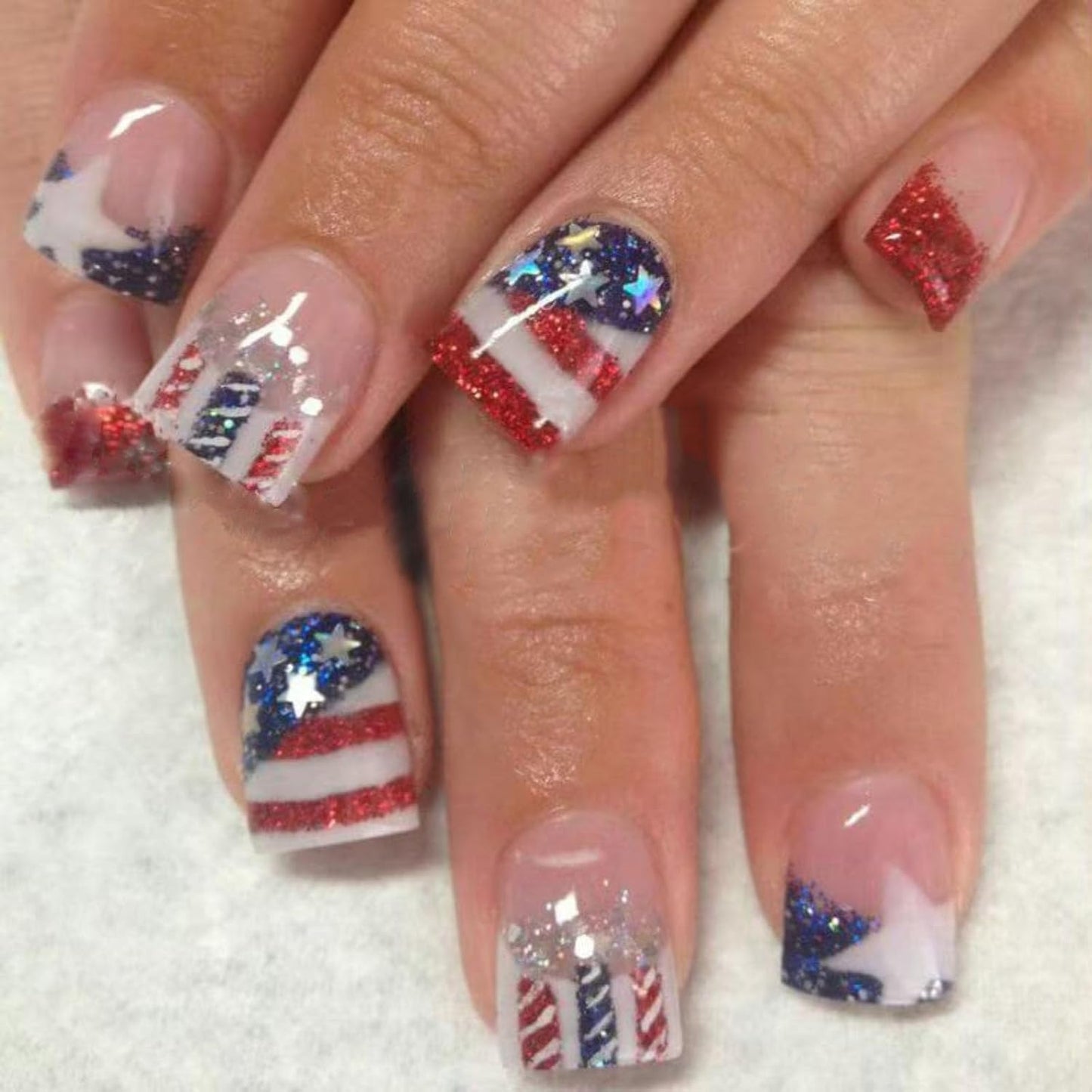 Press On Nails - Medium Square American Flag Glitter Design | 24Pcs Red, Blue & Gold 4th of July Fake Nails