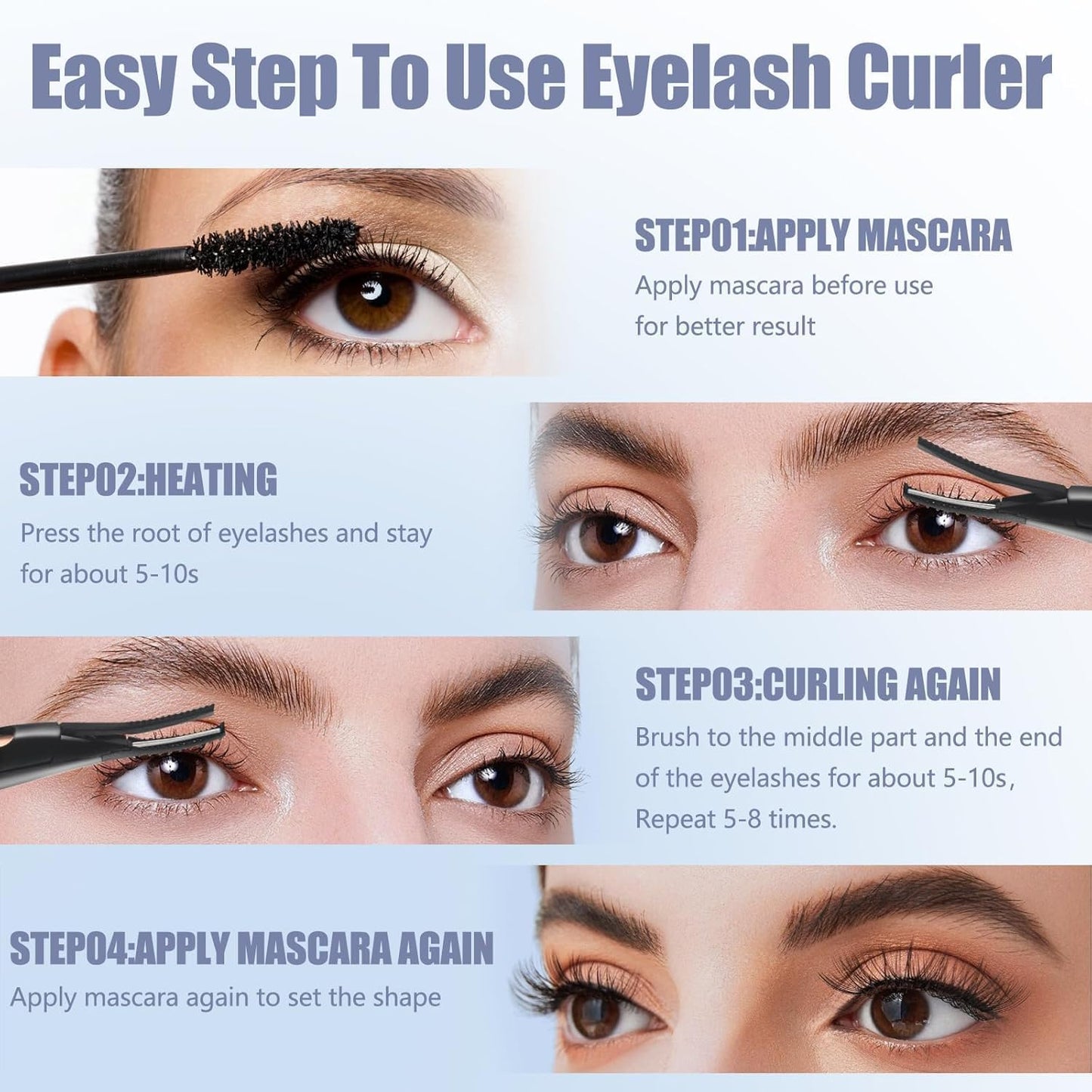 Heated Eyelash Curler - USB Rechargeable 2-in-1 Design | 3 Temperature Modes, 24H Long-Lasting Curl, Black