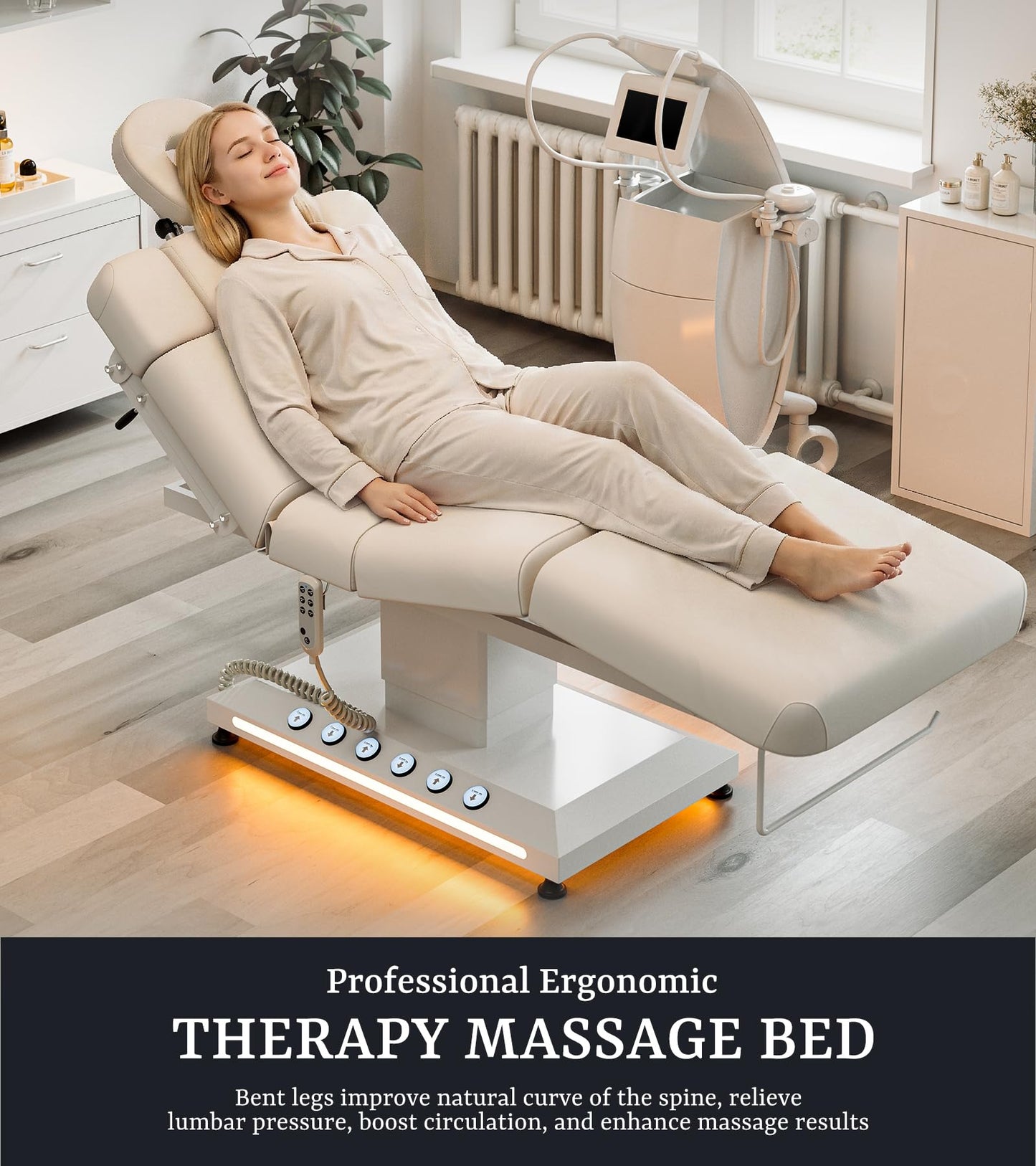 Icoget Professional Full Electric Spa Massage Treatment Table with Independent Leg Adjustment and Face Cradle for Beauty, White