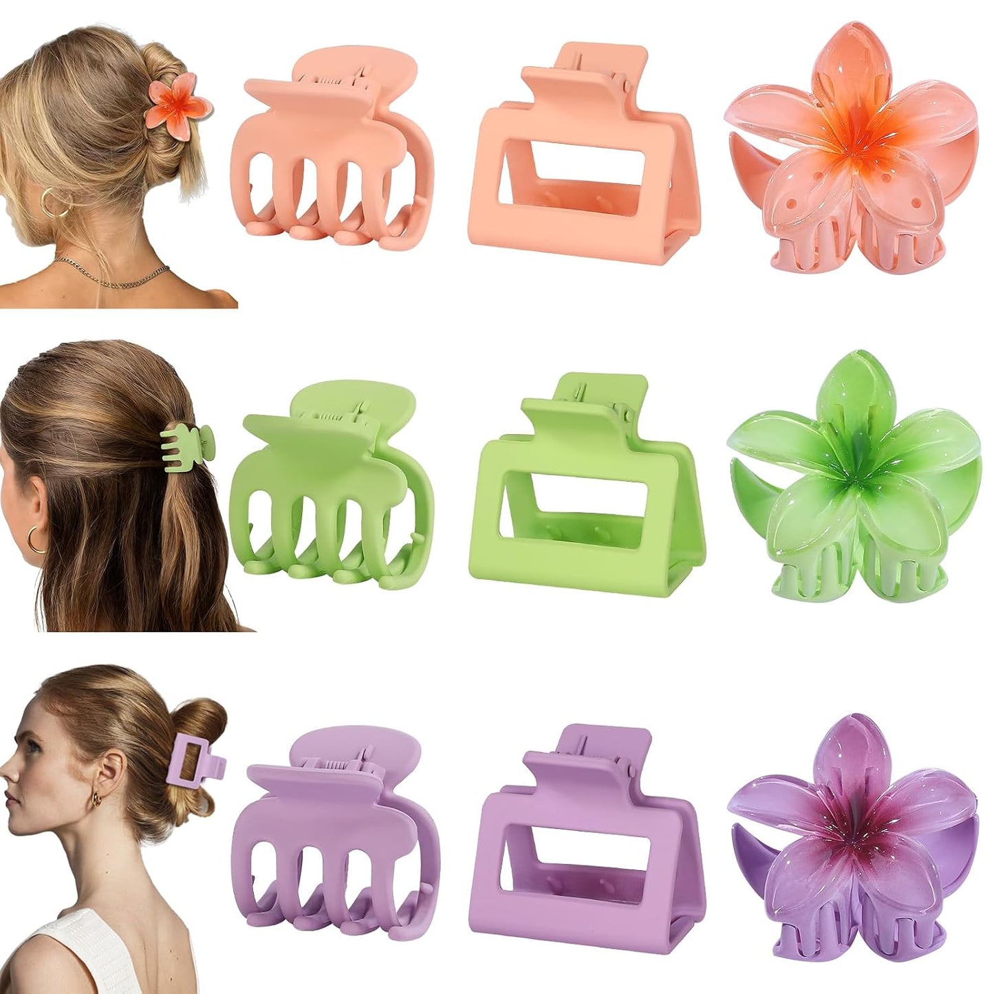 Medium Hair Clips for Women - 9 Pcs Small Claw Clips | Flower & Square Designs for Thin & Thick Hair
