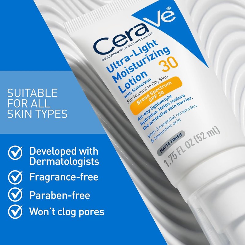 CeraVe Ultra-Light Moisturizing Lotion - Daily Face Moisturizer with SPF 30 & Hyaluronic Acid | Oil-Free, 1.7 Oz