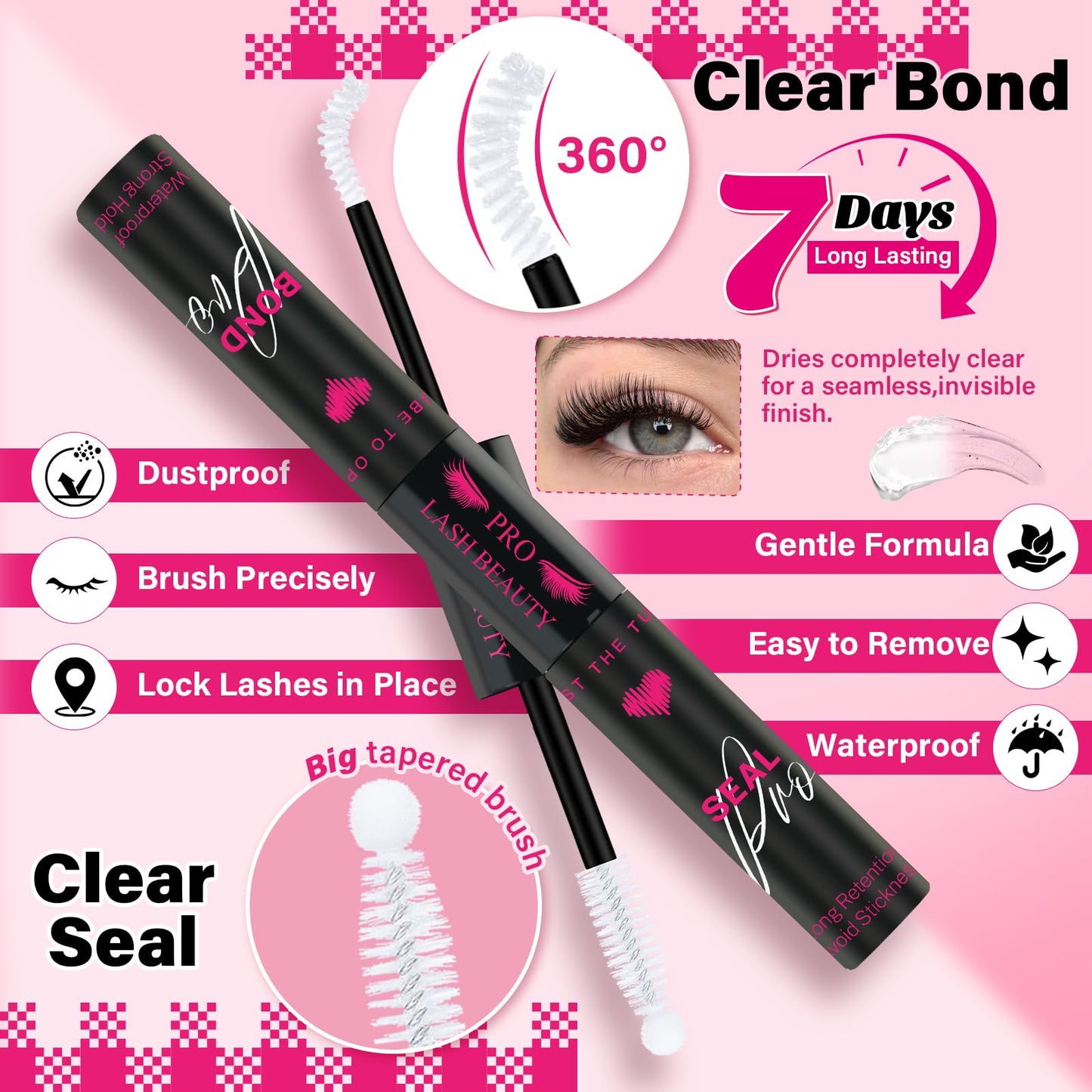 PROLASHBEAUTY Clear Lash Cluster Glue 7 Days Long Lasting Bond and Seal Lash Glue Waterproof Lash Bond & Seal for Clusters 1 Week Strong Hold 2-3S Fast Dry(10ml, Clear)