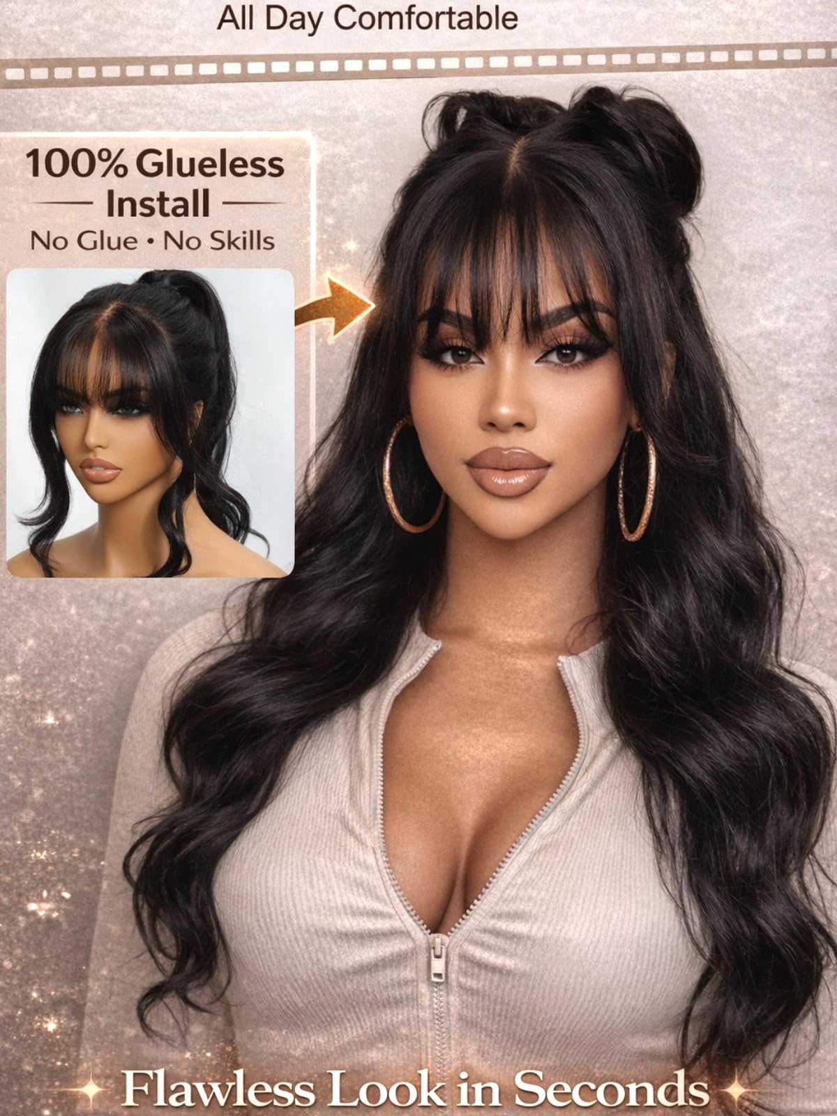 UNICE Body Wave Human Hair Wig with Wispy Bangs, Glueless 7x5 Lace Front Wig Pre Cut Pre Plucked Bleached Knots, Beginner Friendly Ready to Wear Drawstring Wig, Natural Black 180% Density 22 Inch