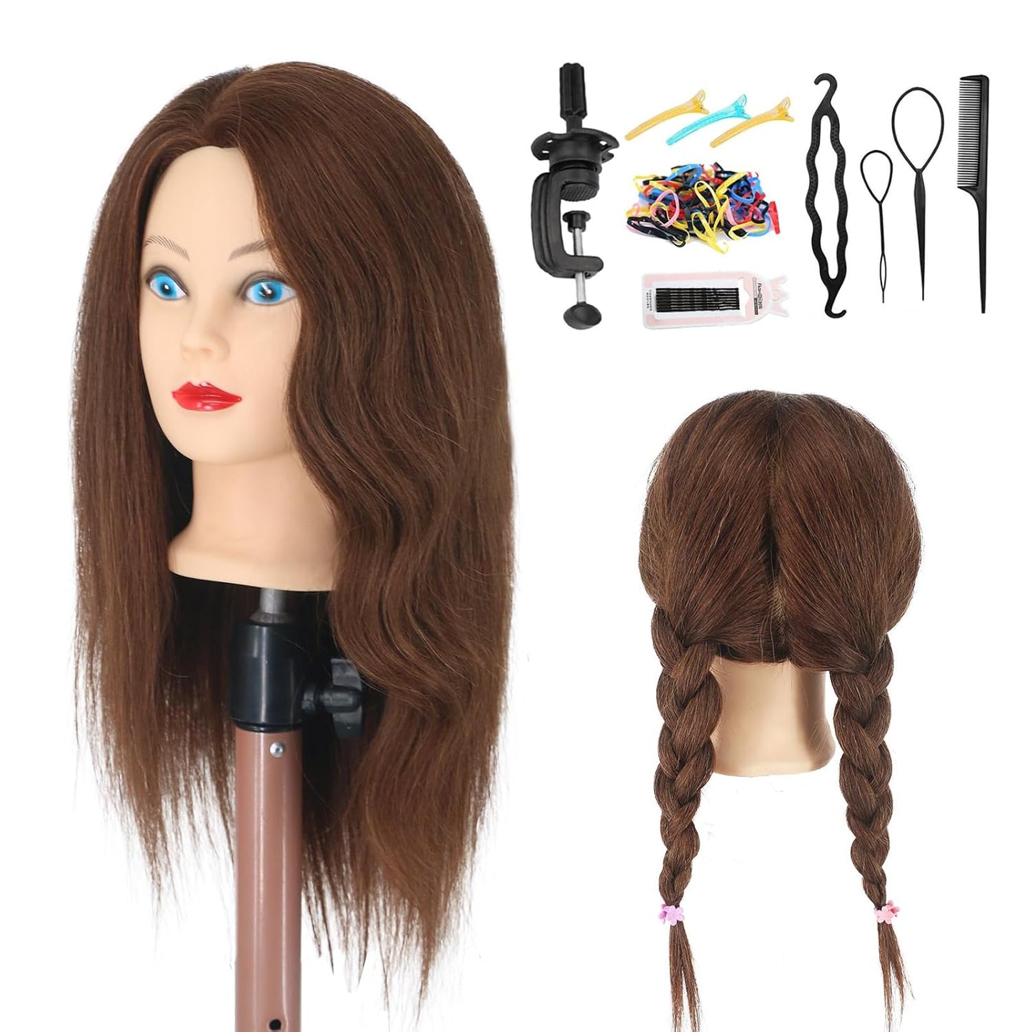 Mannequin Head - 100% Real Human Hair for Cosmetology | Braiding, Styling, Cutting - Brown
